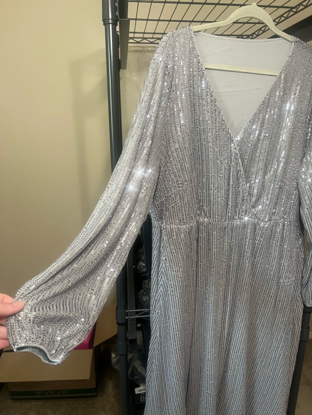 BloomChic Silver Sequin V-Neck Midi Dress with Long Sleeves - Picture 6 of 8